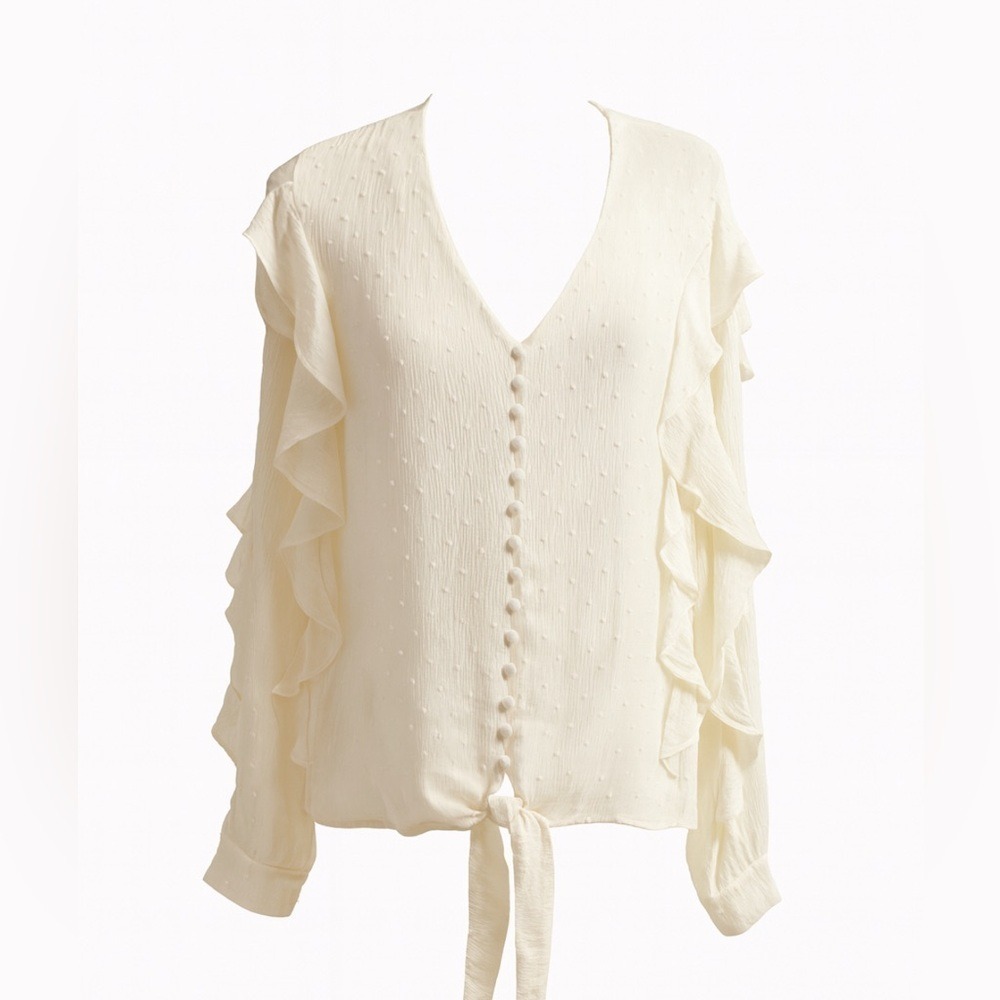 Entro Ivory Ruffle Blouse – Size Small – NWT – Boho Romantic Tie Front Top